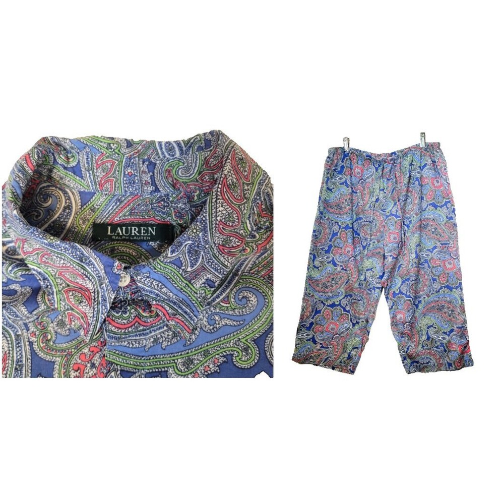 Lauren Ralph Lauren Pajama Set Womens Size XL Blue Pastel Paisley Cotton 2 Piece
